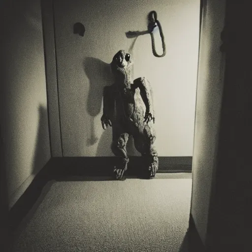 Prompt: grainy photo of a creepy monster in a closet, harsh flash