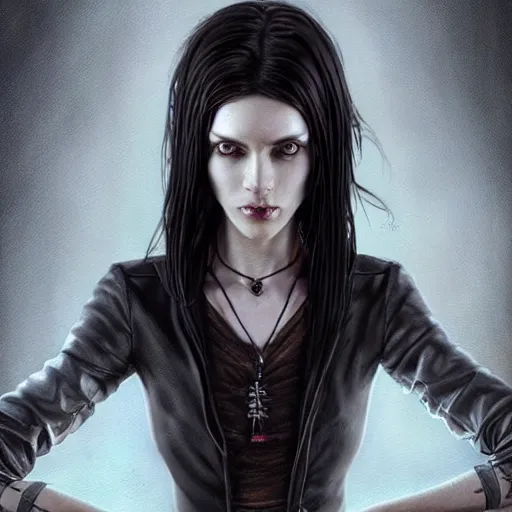 Image similar to portrait painting of an androgynous witch with shoulder length flowing black hair pale skin and beautiful dark brown eyes wearing a punk clothes, ultra realistic, concept art, intricate details, eerie, highly detailed, photorealistic, octane render, 8 k, unreal engine. art by artgerm and greg rutkowski and magali villeneuve