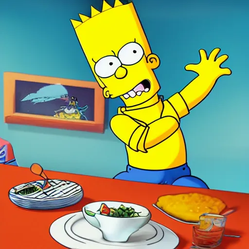 Prompt: Bart Simpson as a real boy surfing the imaginary wave on the kitchen table at breakfast, digital art, by ROSS tran, 4k