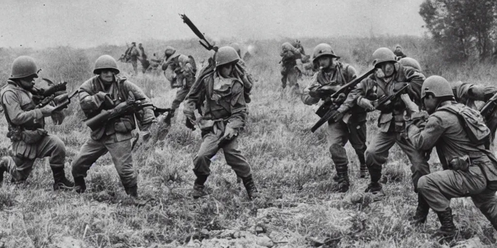 Prompt: vintage photo of world war two army rangers engaged in fierce firefight with annunaki invasion forces, detailed