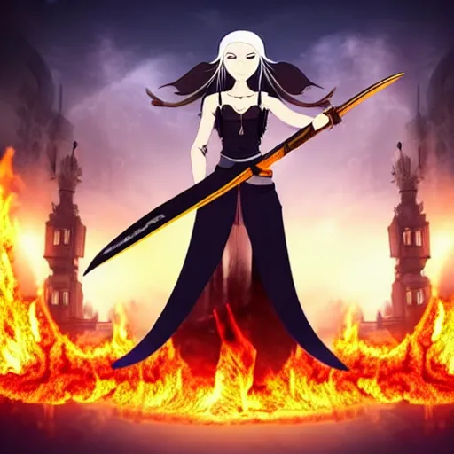 Image similar to a beautiful girl with a beautiful perfect symmetrical body, perfect symmetrical face, coherent symmetrical eyes in a torn dress holding a sword against the background of a burning city, fantasy style