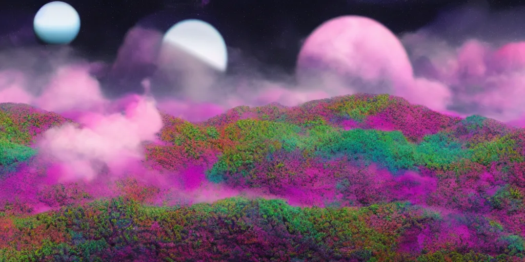 Prompt: a hyper - real psychedelic planet fill with pink clouds, blue hills and purple forests