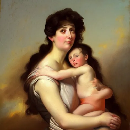 Image similar to Painting in the style of roberto ferri of a mother holding her kid