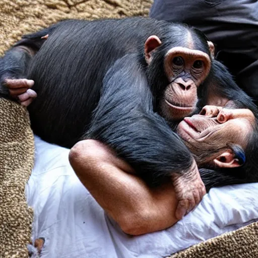 Image similar to kurdish man tucks his pet chimpanzee into bed, in a movie directed by christopher nolan, movie still frame, promotional image, imax 7 0 mm footage, strong and imposing