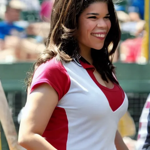 Prompt: America Ferrera playing baseball