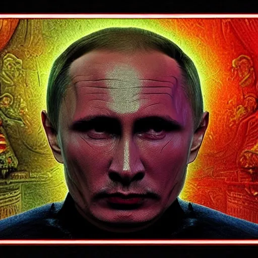 Prompt: stupid idiot degraded retard vlad putin photo - realistic, color image, hyper realistic, 2 k, highly detailed, occult art, by giger, fractal structure