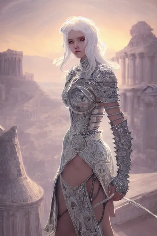 Image similar to portrait white hair knights of Zodiac girl, Sliver ice color reflected armor, in ruined Agora of Athens Sunrise, ssci-fi and fantasy, intricate and very very beautiful and elegant, highly detailed, digital painting, artstation, concept art, smooth and sharp focus, illustration, art by tian zi and WLOP and alphonse mucha