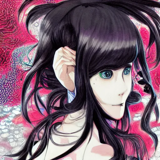 Image similar to yoshitaka amano realistic illustration of an anime girl with black eyes and long wavy white hair wearing dress suit with tie and surrounded by abstract junji ito style patterns in the background, complementary colors, blurry and dreamy illustration, noisy film grain effect, highly detailed, oil painting with expressive brush strokes, weird portrait angle