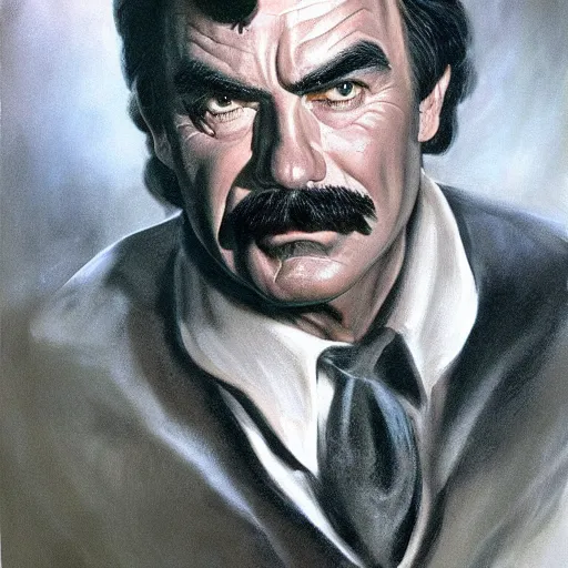 Prompt: ultra realistic portrait painting of tom selleck as lord voldemort, art by frank frazetta, 4 k, ultra realistic, highly detailed, epic lighting