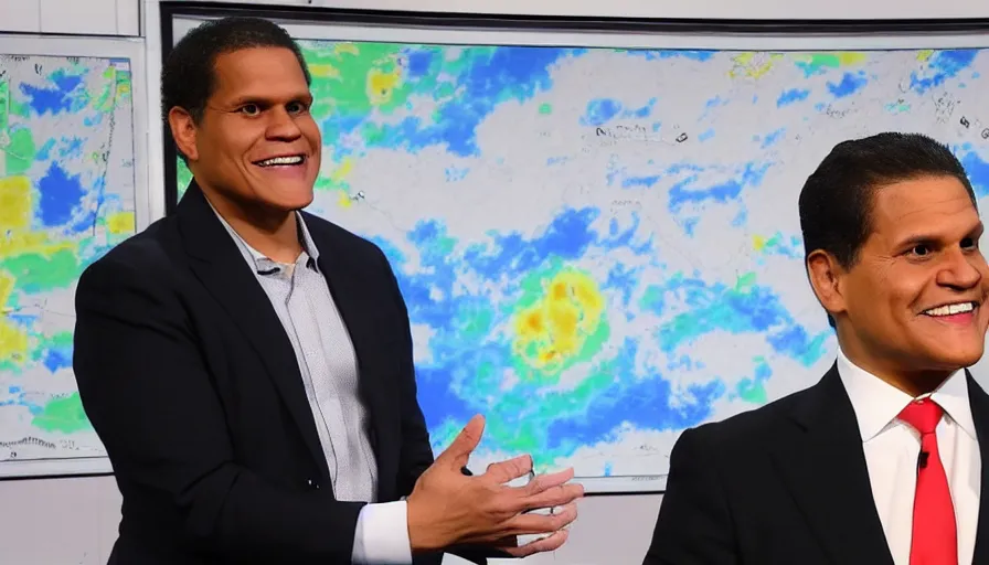 Prompt: reggie fils - amie in front of a weather map