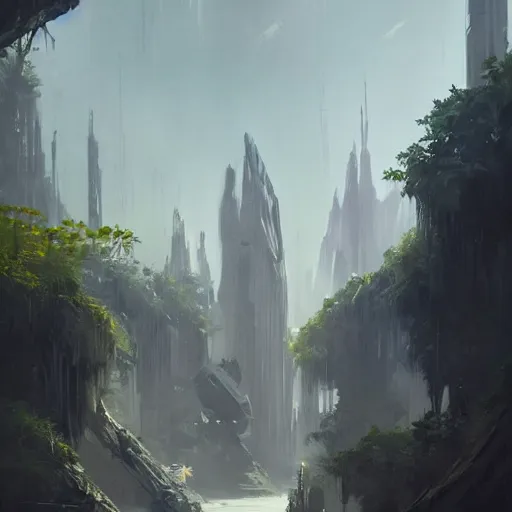 Image similar to star wars concept art by greg rutkowski, a palatial, elegant and beautiful city in the middle of a jungle, cinematographic morning light, artstation hq