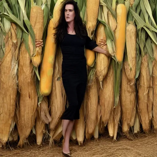 Prompt: jennifer connelly emerging from a giant piece of corn