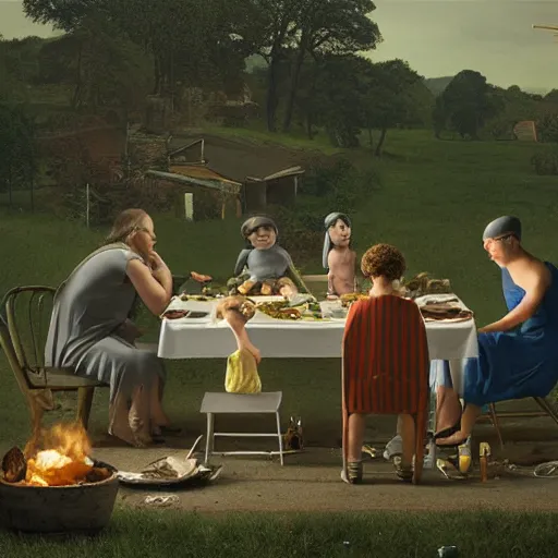 Prompt: a family of cyclops having dinner, by Gregory Crewdson