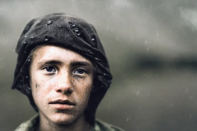 Prompt: a closeup cinematic!! headshot photograph!! of a beautiful young homeless war veteran, stood in a tunnel, rain, dirt, film still, cinematic lighting, by bill henson