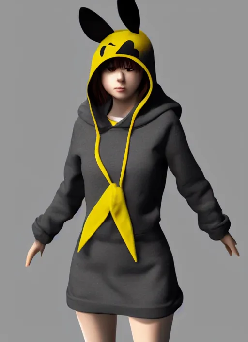 Image similar to vrchat, secondlife, imvu, 3 d model of a girl in a pikachu hoodie, hq render, detailed textures, artstationhd, booth. pm, highly detailed attributes and atmosphere, dim volumetric cinematic lighting, hd, unity unreal engine