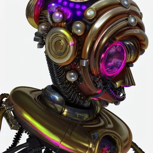 Image similar to a claymodel of a steampunk rococo spaced out futuristic robot head wearing multicolored tubes, 8 k, front view, symetrical, flourescent colors, halluzinogenic, multicolored, exaggerated detailed, front shot, 3 d render, octane