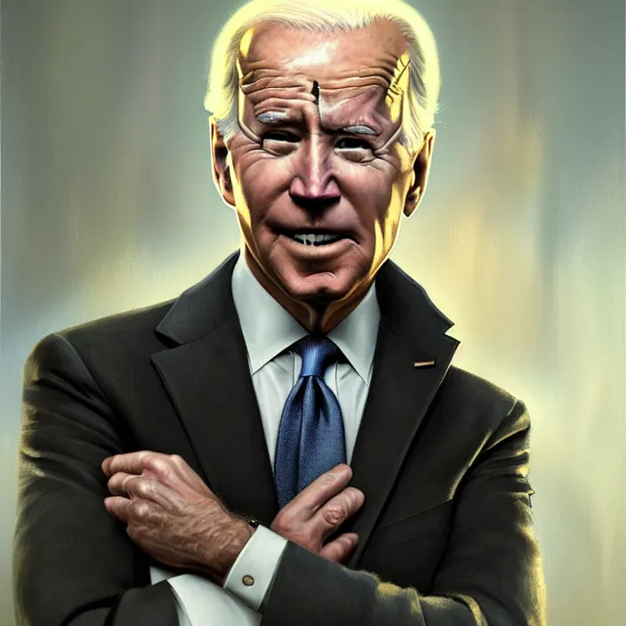 Image similar to President Joe Biden, diffuse lighting, fantasy, intricate, elegant, highly detailed, lifelike, photorealistic, digital painting, artstation, illustration, concept art, smooth, sharp focus, art by John Collier and Albert Aublet and Krenz Cushart and Artem Demura and Alphonse Mucha