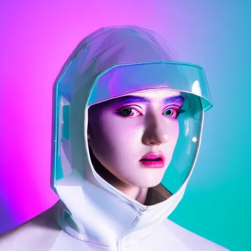 Prompt: an ultra high definition professional studio quality photograph of an artificial celebrity cyberpunk pop star wearing a transparent iridescent perspex pastel coloured face visor and matching raincoat in an empty white room. dramatic lighting. volumetric shadows. light rays