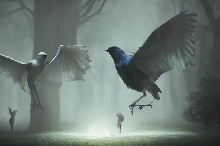 Image similar to masterful fantastic realist painting of the enchanted summoning rituals of unusual moody birds wearing cloaks, weird perspective, digital painting trending on artstation, volumetric lighting and mist, hyperrealistic, octane render