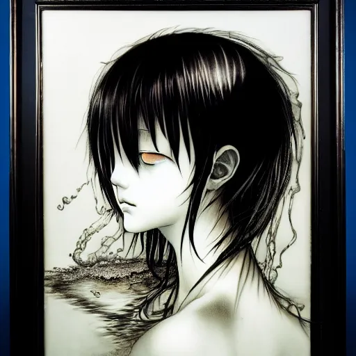 Image similar to prompt: Black and white Fragile looking vessel portrait face drawn by Katsuhiro Otomo, nymph in the water performing alchemy, intricate oil painting, soft light, intricate detail, intricate oil painting detail, sharp high detail, manga and anime 2000