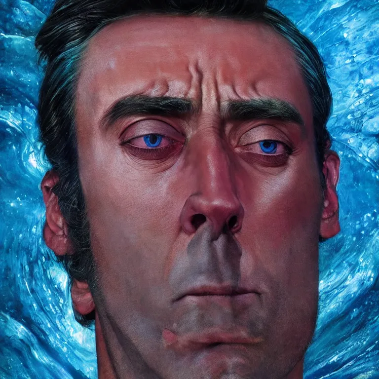 Image similar to Hyperrealistic intensely colored close up studio Photograph portrait of a deep sea bioluminescent Jon Hamm covered in chromatophores, symmetrical face realistic proportions eye contact, sitting on a Rock underwater, award-winning portrait oil painting by Norman Rockwell and Zdzisław Beksiński vivid colors high contrast hyperrealism 8k