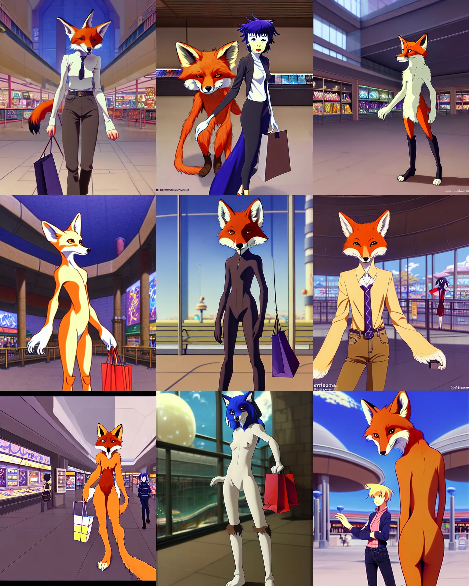 Image similar to anthro art commission of an anthropomorphic natural furry ( ( ( fox ) ) ) person shopping at a futuristic mall, photorealistic, detailed key anime art, makoto shinkai, james gurney, don bluth!!, disney!!, hibbary!!, dark natasha, goldenwolf, furaffinity, fursona, greg rutkowski