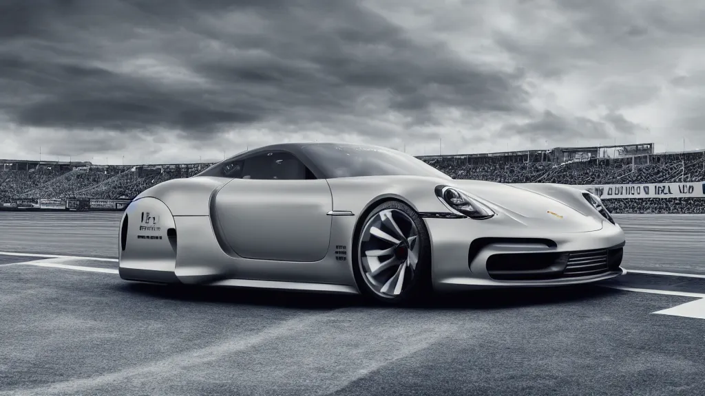 Image similar to photo of a porsche concept car on racetrack, cinematic, fine details, symmetrical, 4 k