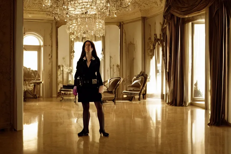 Prompt: cinematography closeup portrait of a woman cop in an decadent mansion foyer by Emmanuel Lubezki