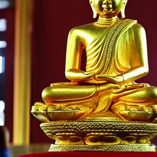 Image similar to Donald Trump as a golden thai Buddha statue, in Buddhist temple, colourized, photo