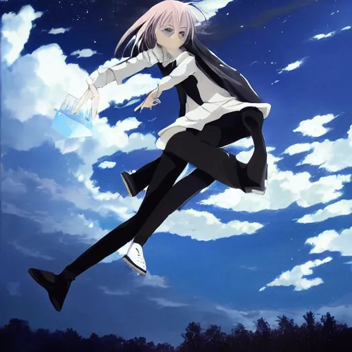 Prompt: 1 7 - year - old pale - skinned anime girl with black long bob cut, long bangs, black gothic jacket, black jeans, flying through sky, jumping through clouds, late evening, blue hour, cirrus clouds, pearly sky, ultra - realistic, sharp details, subsurface scattering, blue sunshine, intricate details, hd anime, 2 0 1 9 anime