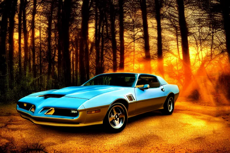 Image similar to pontiac firebird with grafitti tag on side, sunrise, dramatic, cinematic, forest, sunbeams, volumetric lighting, wide shot, low angle