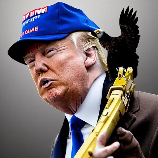 Image similar to Donald Trump holds a machine gun with an eagle on his shoulder, hd, dramatic, patriotic