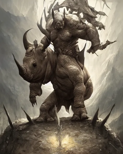Prompt: Rhino, Anthropomorphized, as warlord general on skull throne, magic the gathering artwork, D&D, fantasy, cinematic lighting, centered, symmetrical, highly detailed, digital painting, artstation, concept art, smooth, sharp focus, illustration, volumetric lighting, epic Composition, 8k, art by Akihiko Yoshida and Greg Rutkowski and Craig Mullins, heroic pose, oil painting, cgsociety, Battlefield background, explosions, arrows