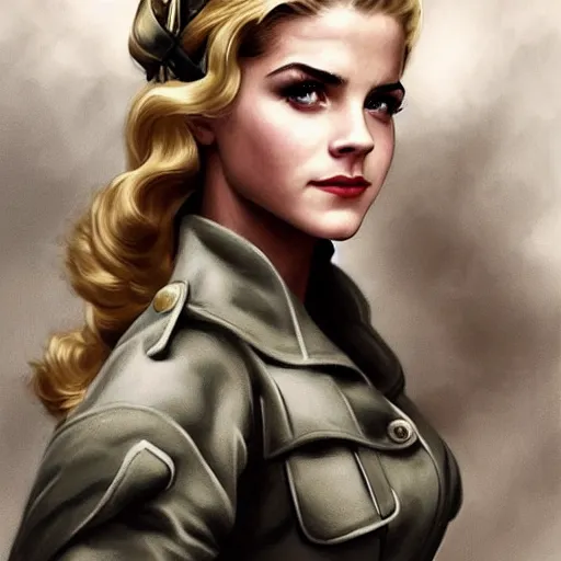 Prompt: A combination of Katheryn Winnick's and Grace Kelly's and Emma Watson's appearances as a WW2 soldier, full body portrait, western, D&D, fantasy, intricate, elegant, highly detailed, digital painting, artstation, concept art, matte, sharp focus, illustration, art by Artgerm and Greg Rutkowski and Alphonse Mucha