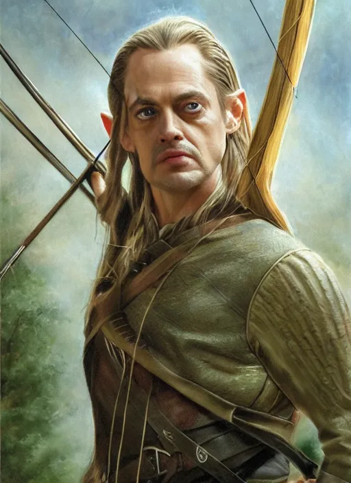 Image similar to portrait of steve buscemi as legolas, action shot, elven archer, by alan lee, lord of the rings, smooth, detailed terrain, oil painting, matte painting, concept art, trending on artstation, promotional artwork, film still, elegant, photorealistic facial features, intricate, detailed face, cinematic lighting