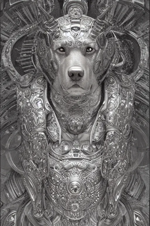 Image similar to Dog as a god, detailed face, statue, gorgeous, Delicate Greek metal armor, Delicate and intricate borders for decoration, amazing, flowing hair, muscular, fit, very muscular male body, intricate, highly detailed, 8K, digital painting, artstation, concept art, sharp focus, illustration, art by greg rutkowski beeple and alphonse mucha