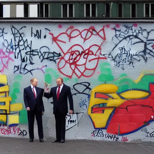 Image similar to Vladimir Putin and Sergey Lavrov, kiss on the Berlin wall graffiti, 8k