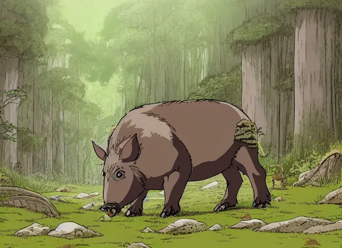 Prompt: a majestic brown and grey boar with tusks in a mythical forest next to a pathway, by ghibli and miyasaki, flat, totoro, 2 d, illustration, great composition