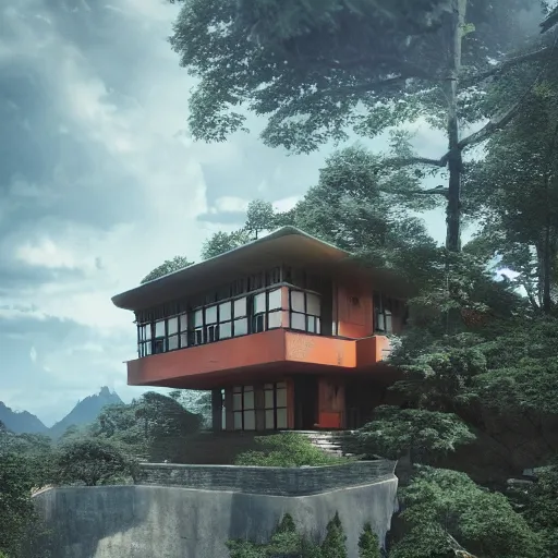 Image similar to modernist house inspired by a tibetan palace, overlooking a valley, big trees, clouds, dramatic lighting, artstation, matte painting, raphael lacoste, simon stalenhag, frank lloyd wright, drone view