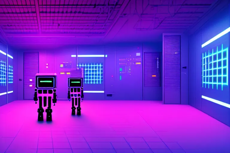 Image similar to realistic robot in a data server room, cyberpunk neon and dark, purple and blue color scheme, by beeple and malevich