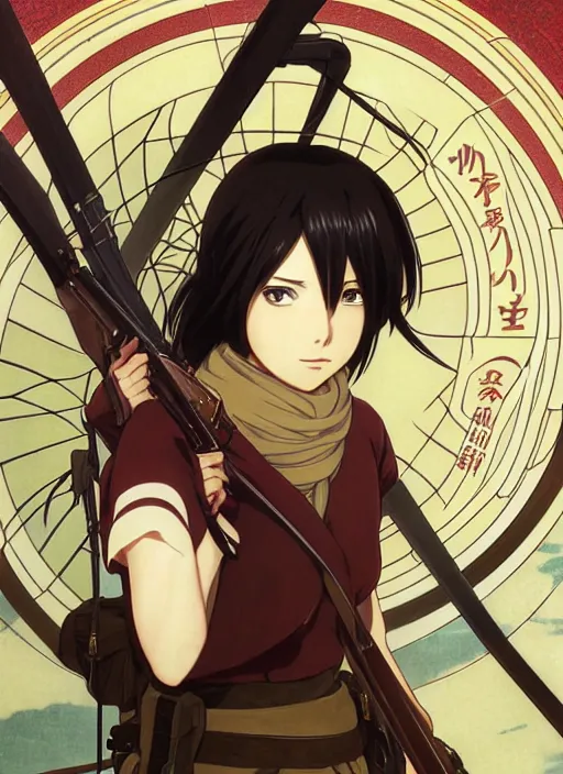 Image similar to portrait of mikasa from aot in odm gear, highly detailed, high quality, digital painting, by studio ghibli and alphonse mucha, leesha hannigan, hidari, art nouveau, chiho aoshima, posuka demizu