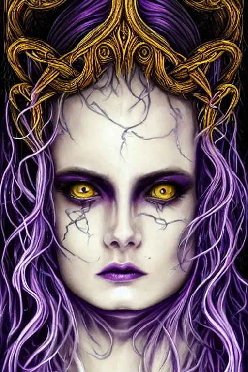 Image similar to Elden Ring themed painting of majestic chromatic purple-eyed girl with thin purple tentacles on her head beautiful ethereal angel symmetrical neutral black metal closeup face tattoo pattern golden ratio concept, Neo-Gothic concept, infinity glyph waves, intricate artwork masterpiece, very coherent artwork, cinematic, full frontal facial features by Artgerm, art by H.R. Giger, Joseph Michael Linsner, Zdizslaw Beksinski, Johnatan Wayshak, Moebius, Ayami Kojima, very anatomically coherent artwork, trending on cgsociety, ultra high quality model, production quality cinema model, high detail chromatic ink outline, octane render, unreal engine 8k, hyper realism, high detail, octane render, unreal engine, 8k, High contrast