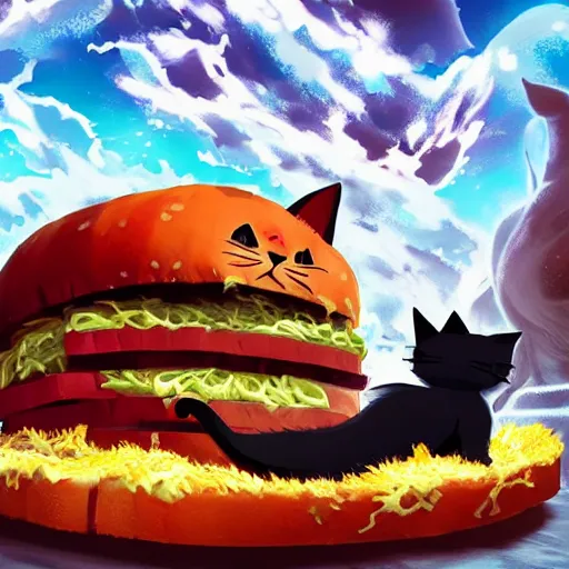 Image similar to a scared cat running away from the giant carnivorous sandwich, artstation hq, dark phantasy, stylized, symmetry, modeled lighting, detailed, expressive, true unsimulated emotions, created by hayao miyazaki