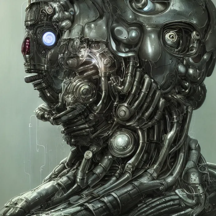 Prompt: h. r. giger esque portrait of a friendly happy emerald ultron from age of ultron, fresh of the production line, washed, clean, shiny, clockwork steampunk, head and chest only, by beksinski, 4 k, deviantart, trending on artstation