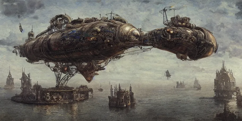 Prompt: a giant floating steampunk airship, by Mikhail Vrubel, trending on artstation
