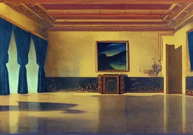 Image similar to a detailed oil painting of a dark arabian large ball room, pillar, ominous,, curtains, by caravaggio, by nicholas roerich, by gustave moreau, by frank frazetta, by hans emmenegger, by bruce pennington, by eyvind earle, moisture, grainy, highly detailed, realistic, outline, line,