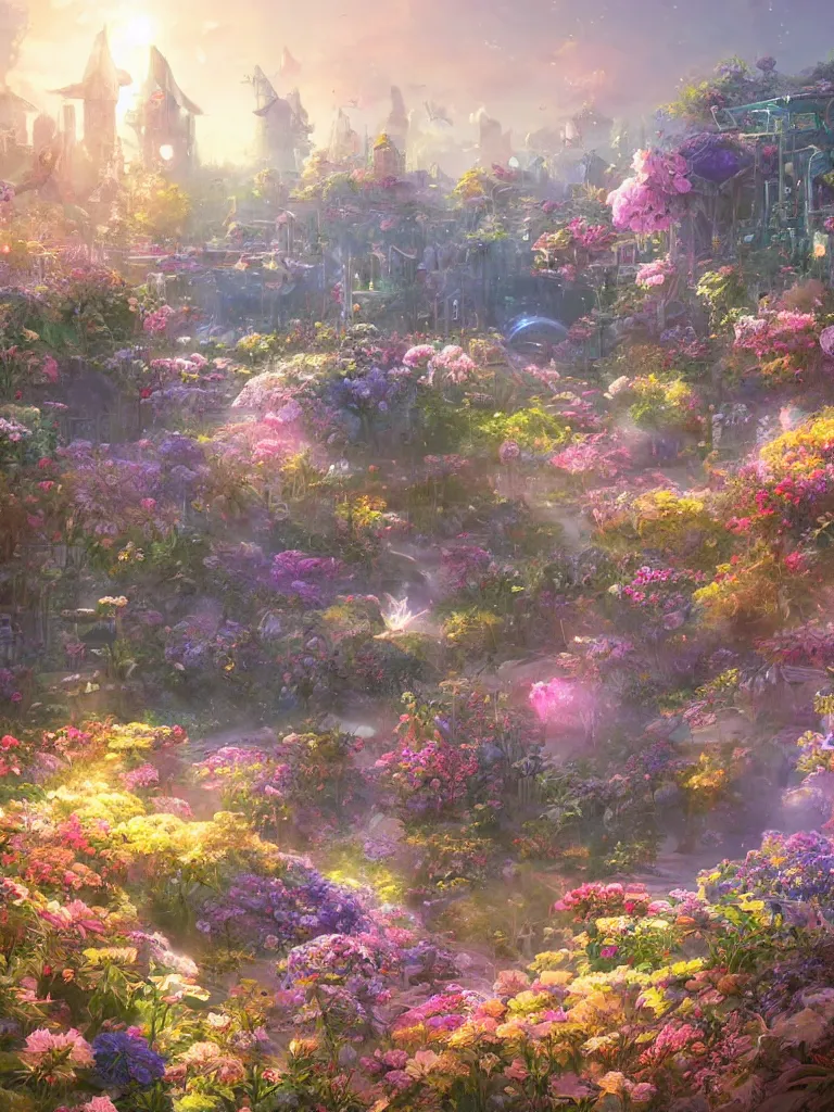 Prompt: a dream flower garden near a seaside spaceport environment where one draws mystical energy into their lives, background art, pristine concept art, small, medium and large design elements, golden hour, in the style of WLOP and Ross Tran