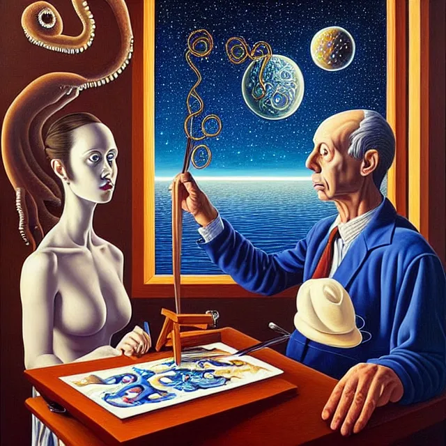 Prompt: an oil on canvas portrait of a man painting a portrait of a beautiful woman, surrealism, surrealist, lovecraftian, cosmic horror, rob gonsalves, high detail
