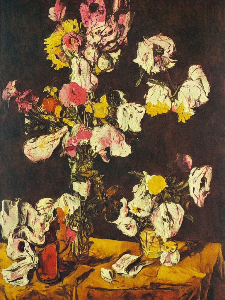 Image similar to a surreal painting of a breakfast still life, flowers, by George Baselitz, symbolist, soft colors, dramatic lighting, smooth, sharp focus, extremely detailed, aesthetically pleasing composition