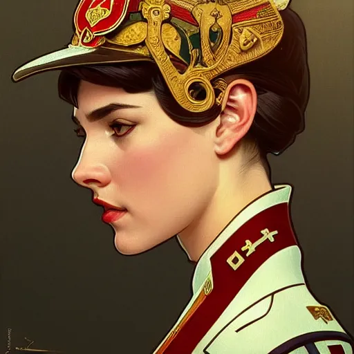 Image similar to a portrait of a female cat soviet officer, upper half portrait, decorated with soviet motifs, intricate, elegant, highly detailed, symmetry, headpiece, digital painting, artstation concept art smooth sharp focus, illustration, art by artgerm and greg rutkowski alphonse mucha 8 k